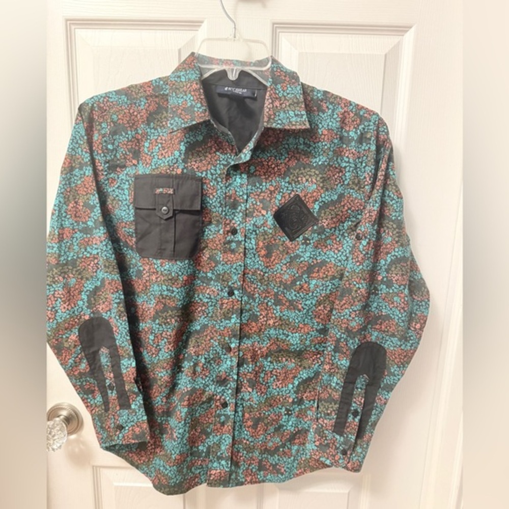 Rocawear Kids Button Down Shirt Teal, Orange and Black Size L 14/16. EUC RARE DK